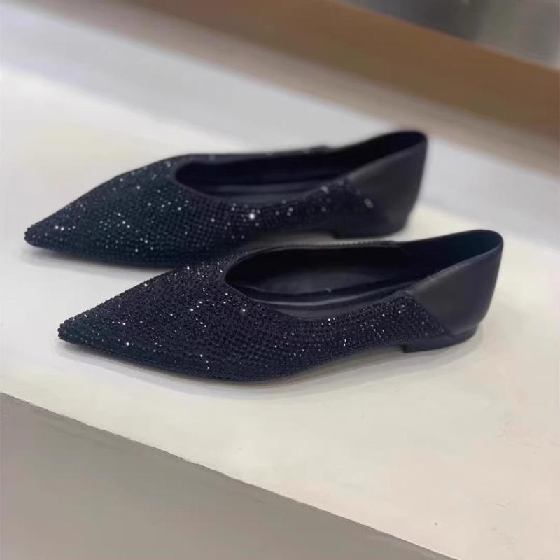 

Модные туфли-лодочки со стразами, с мелким вырезом и каблуком, двух способов носки, женские универсальные балетки с острым носком 40 чёрный