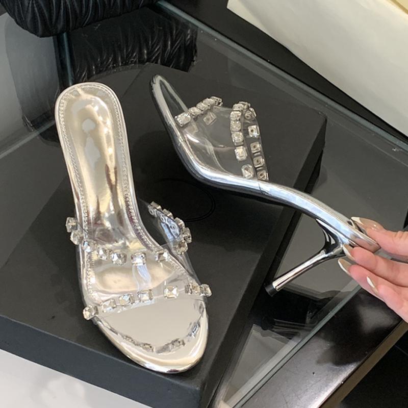 PVC Transparent Women Slippers Sandals Fashion Round Open Toe Diamond Rivets Designer High Heels Mules Slides Shoes Silver