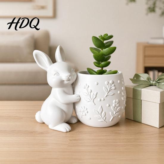 Mini Desk Decor 3D Printed Bunny Hugging Succulents Planter Cute Rabbit Flower