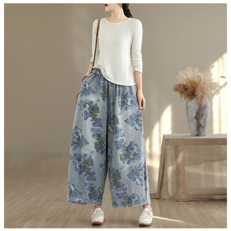 DIMANAF Plus Size Autumn 2025 Jeans New Long Pants Women Loose Denim Trousers Big Size Casual Floral Print