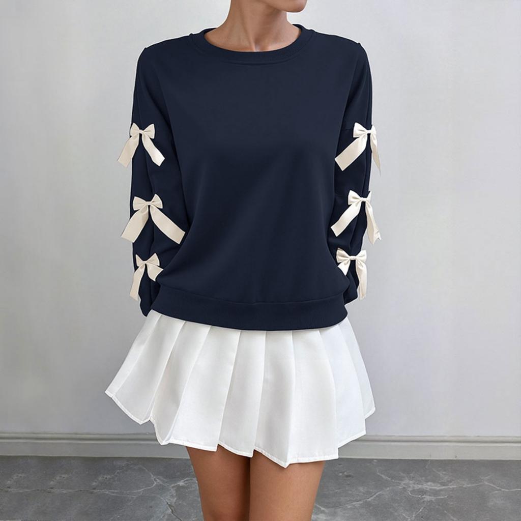 2025 Autumn Winter Women's Red Christmas Sweatshirt Bowknot Round Neck Sweet Style Pullover Top for Holiday