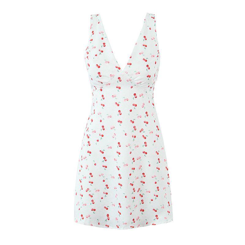 

Sakura Girl French Pastoral Style Little Cherry Print Sexy Low-Cut V-neck Tight Waist A- line Skirt Sling Dress Small Cherry Print L
