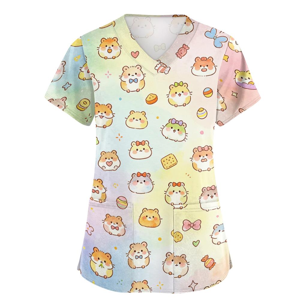 Women's V Neck Short Sleeve Work Top with Pockets Cute Animal Print Medical Scrub Shirt for Healthcare Professionals Nursing Uniform