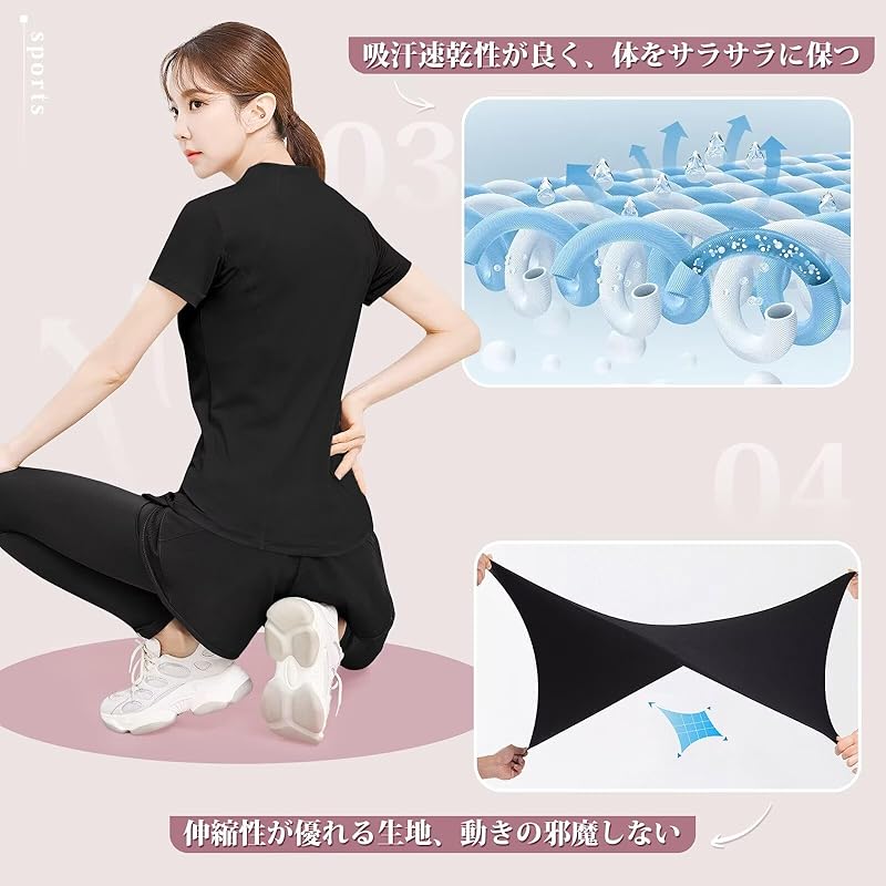 [Rovidorx] Yoga Wear Tops Half Zip Shirt Short Sleeve T-shirt Ladies Sports Training Running Wear Golf Wear Tennis Wear Sportswear Pilates Wear Gym