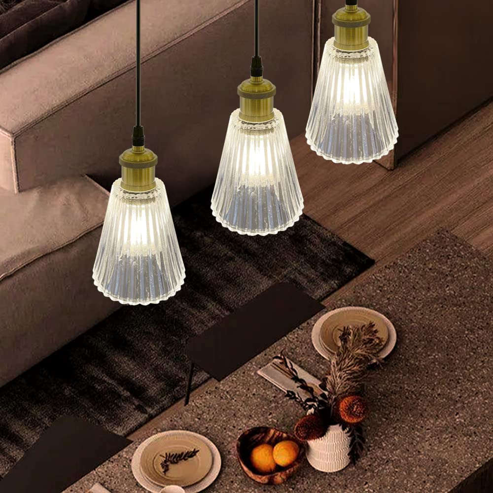 LED Pendant Light with Glass Stripe Nordic Retro Antique E26 Transparent for Ceiling Hook Stylish Interior Ceiling Ambient Dining Room Lighting