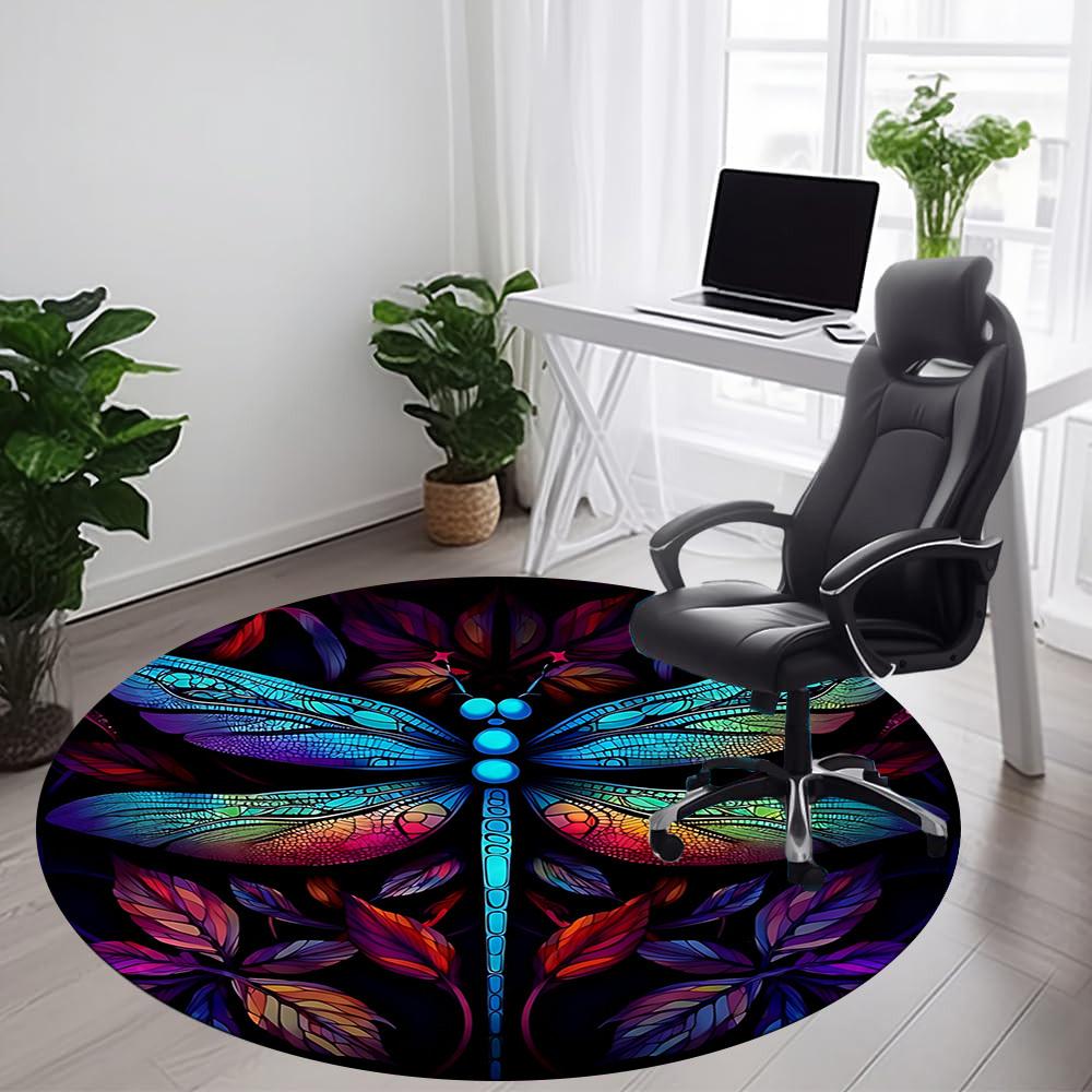 1PC Dragonfly StainedGlass Office Round Area Rug, Mat Suitable ForOffice, Under Office Chairs Bedroom Living Room Home Decor, Room Deco