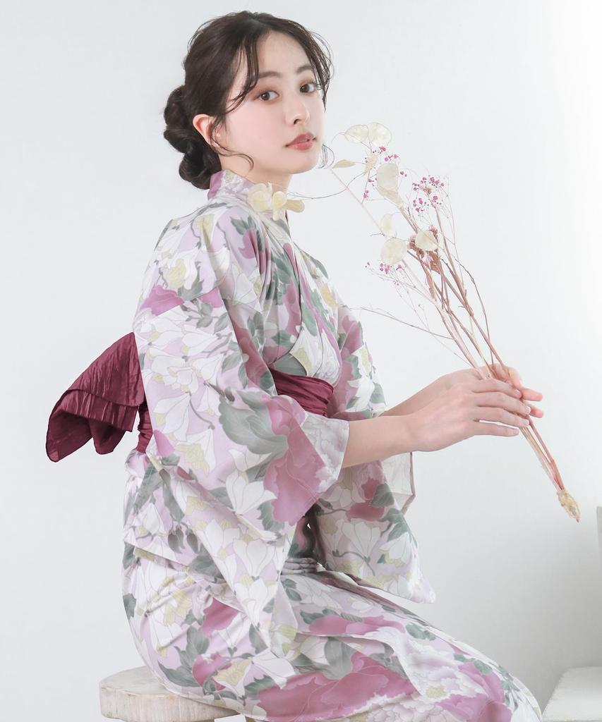 Yukata Textured Natural Set Heiko Geta Waist A Free [KYOETSU] Set, Weave, White, 6-Piece (Yukata, Obi, Undergarment, Sandals, Cord), Women's (Rose