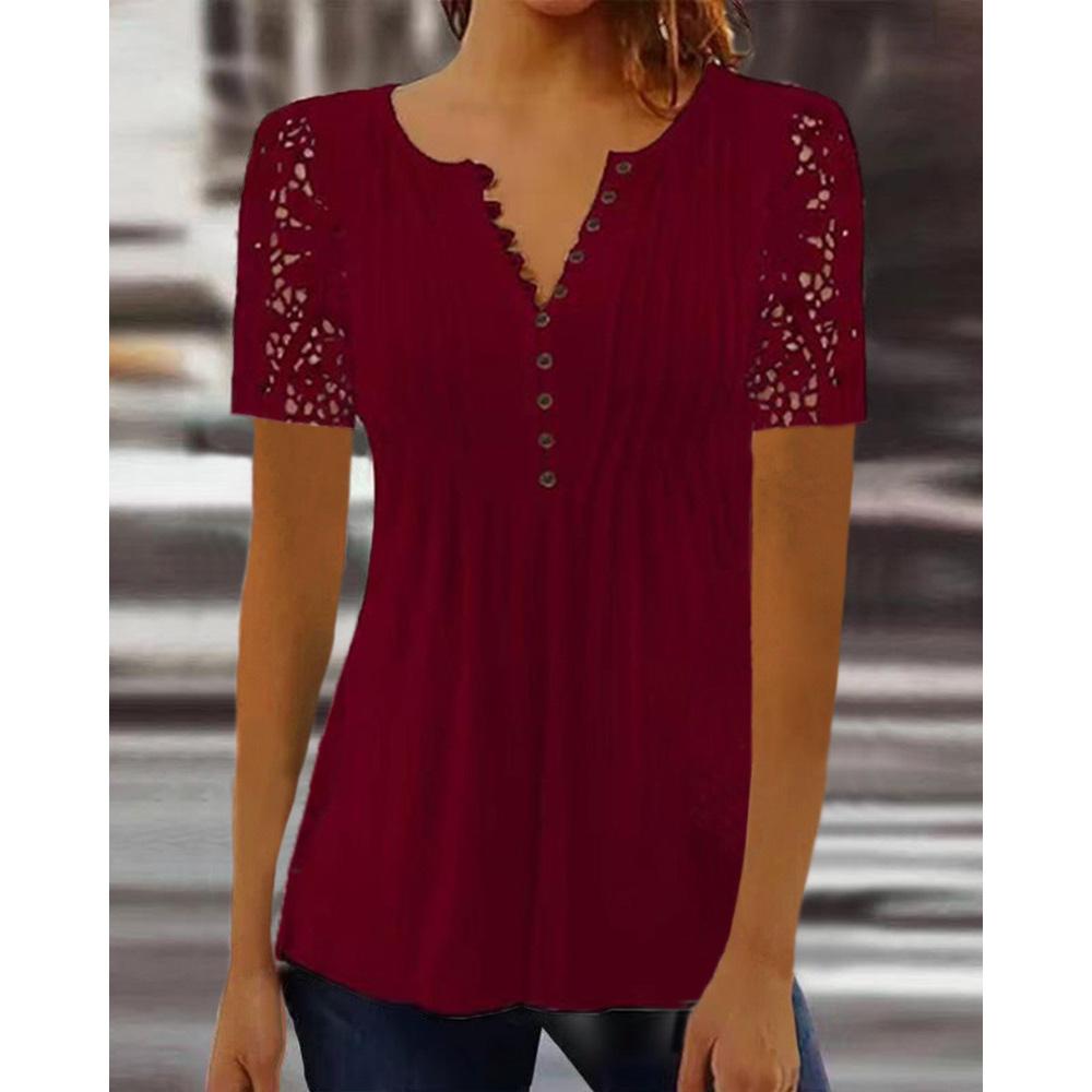 2026 SummerFashion New Women's Clothing Lace Sleeves Pleated Solid Color Button T-Shirt Bottom Shirt