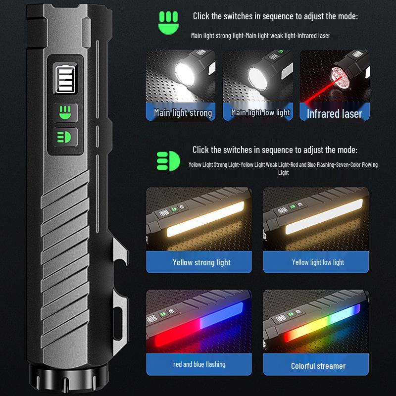 High-Intensity Black Aluminum Flashlight with Colorful Neon Light and Long Battery Life: Outdoor Multifunctional Torch
