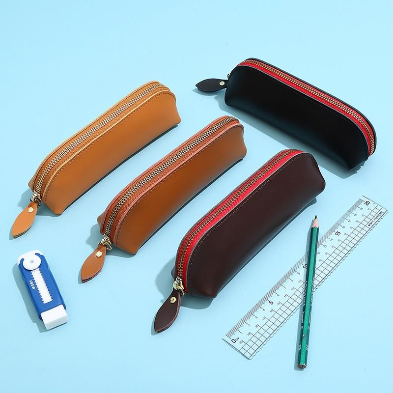 Genuine Leather Pencil Case With Zipper Minimalist Vintage Stationery Organizer Pens Pencils