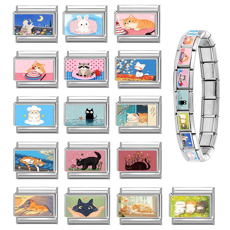 New Cute Animals Series Cat Dog Moon Heart Flowers Italian Charm Beads Fit 9mm Stainless Steel Module DIY Bracelet Jewelry Gift