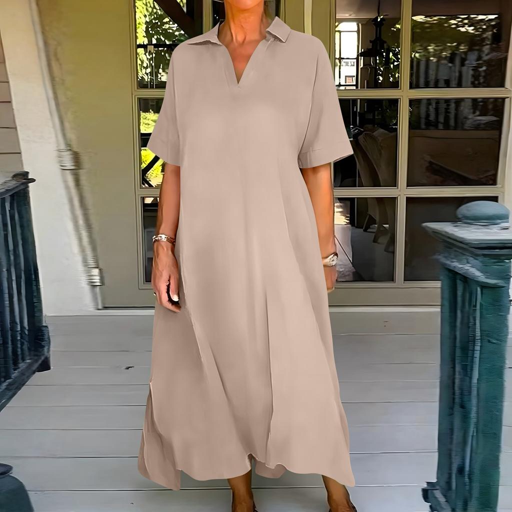 Dámské módní jednobarevné ležérní volné šaty s krátkým rukávem, klopou a širokou sukní