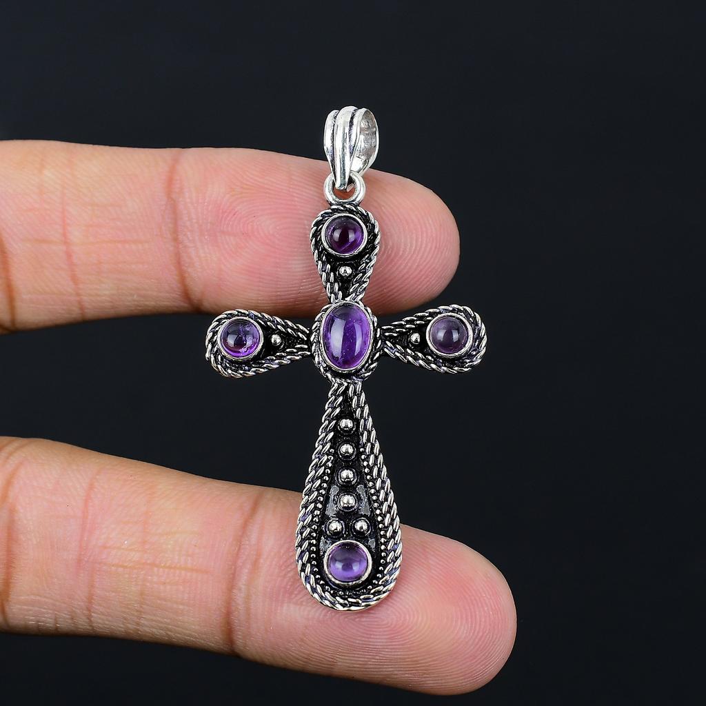 Sage Amethyst Gemstone Handmade 925 Sterling Silver Cross Pendant 2.10" I3f18