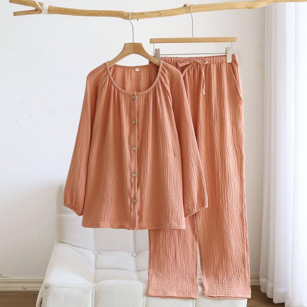 2026 Neues Frühjahrs- und Herbst-Pyjamaset 100% Baumwollkrepp Groß Langarm Lange Hose Dünn Locker Hauskleidung Zweiteiliges Set