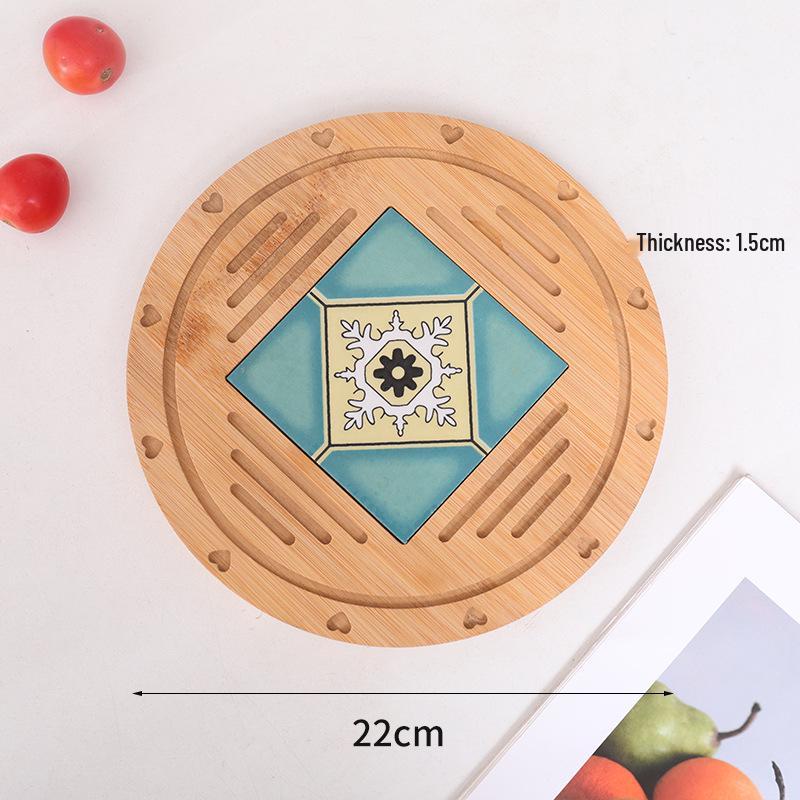 Retro Insulated Wooden Placemat for Pots and Plates, Flower Tile Design
