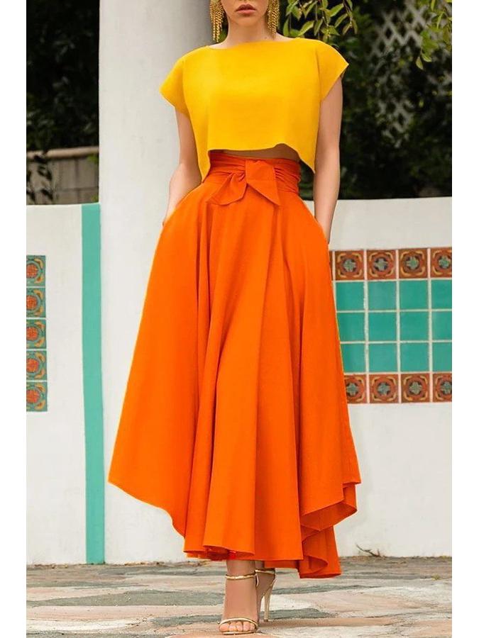 Solid Color Belted Midi Skirt - European and American Style Women's Fashion