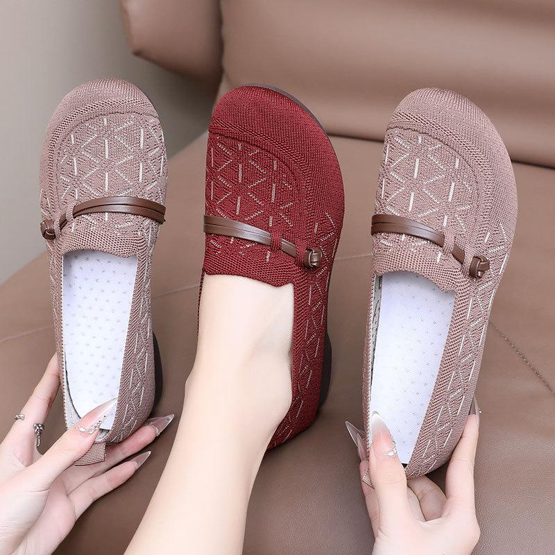 Spring and Summer New One-pedal Flat Shoes Women's Flying Weaving Breathable Middle-aged and Elderly Soft Sole PU Sole