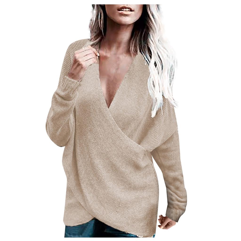 Women's Fashion Winter Warm Solid Color Sweater Cross Loose Knitted Sweater
