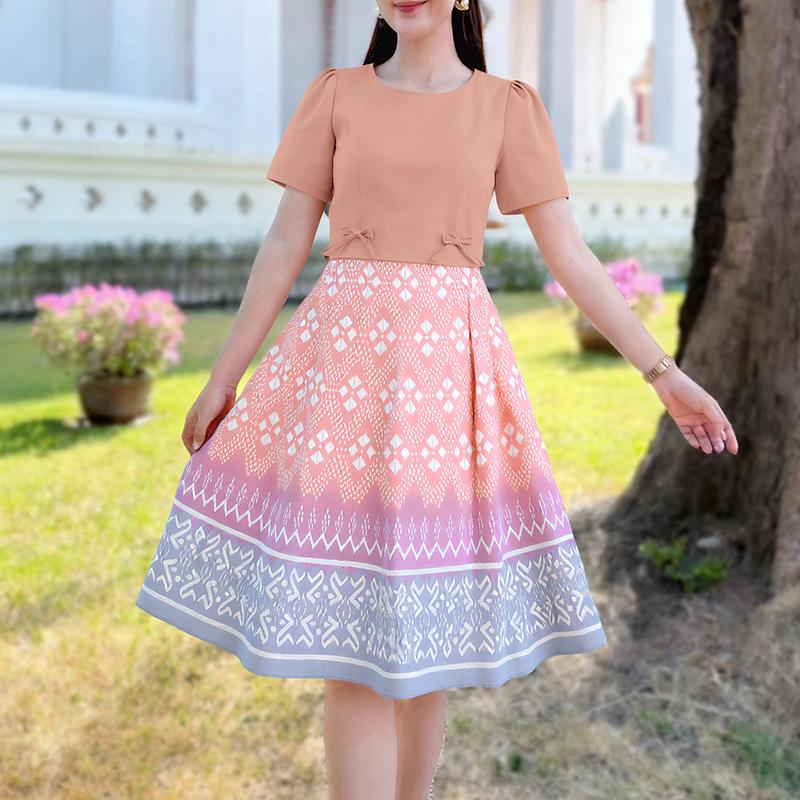 ZANZEA Women Casual Round Neck Short Sleeve Print A-Line Dress