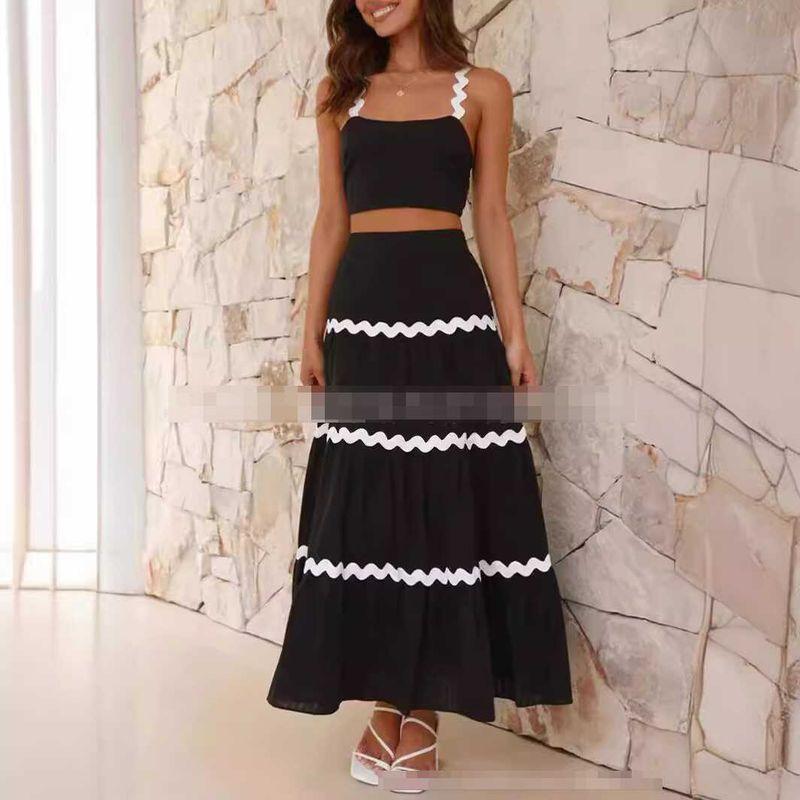 

Lace Color Matching Large Swing Suit Skirt Fake Two-Piece Suit Suit Seaside Two Piece Vest + Skirt Set White lace with black background M