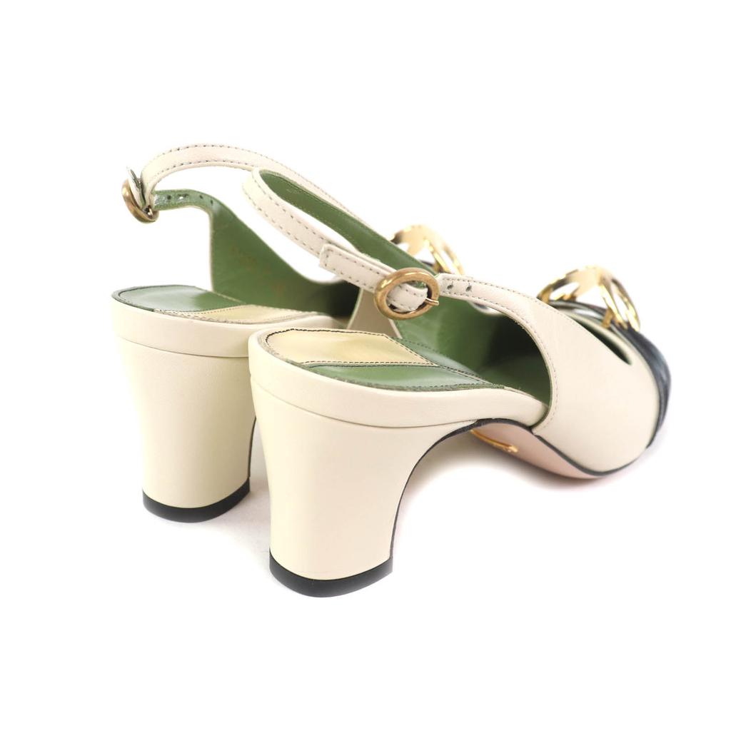 Pristine GUCCI Pumps Half Moon GG Backstrap Square Toe Ivory Leather Women 37 Used