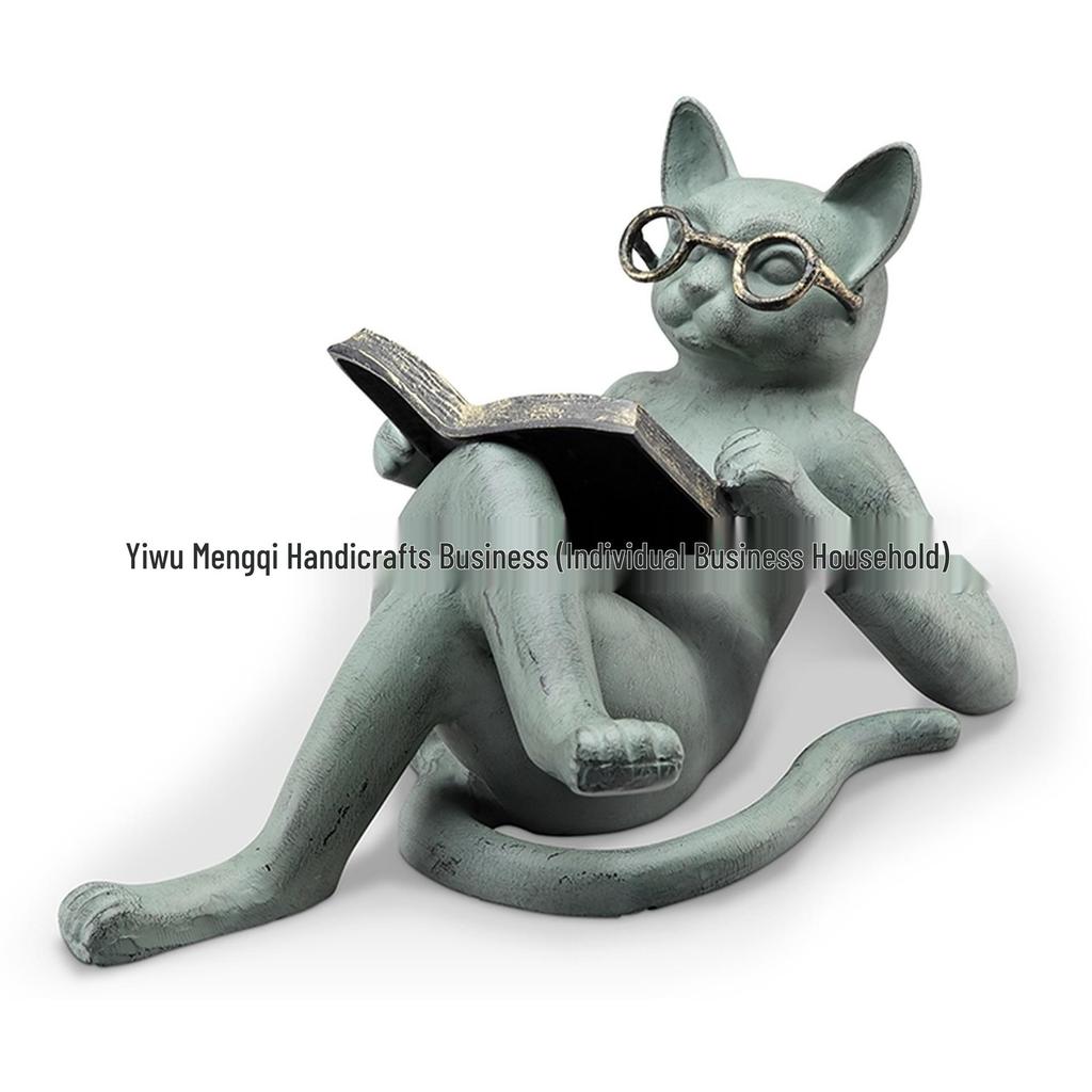 Resin Cat Sculpture: Glasses-Wearing Literary Cat Reading Book – Outdoor Garden Ornament