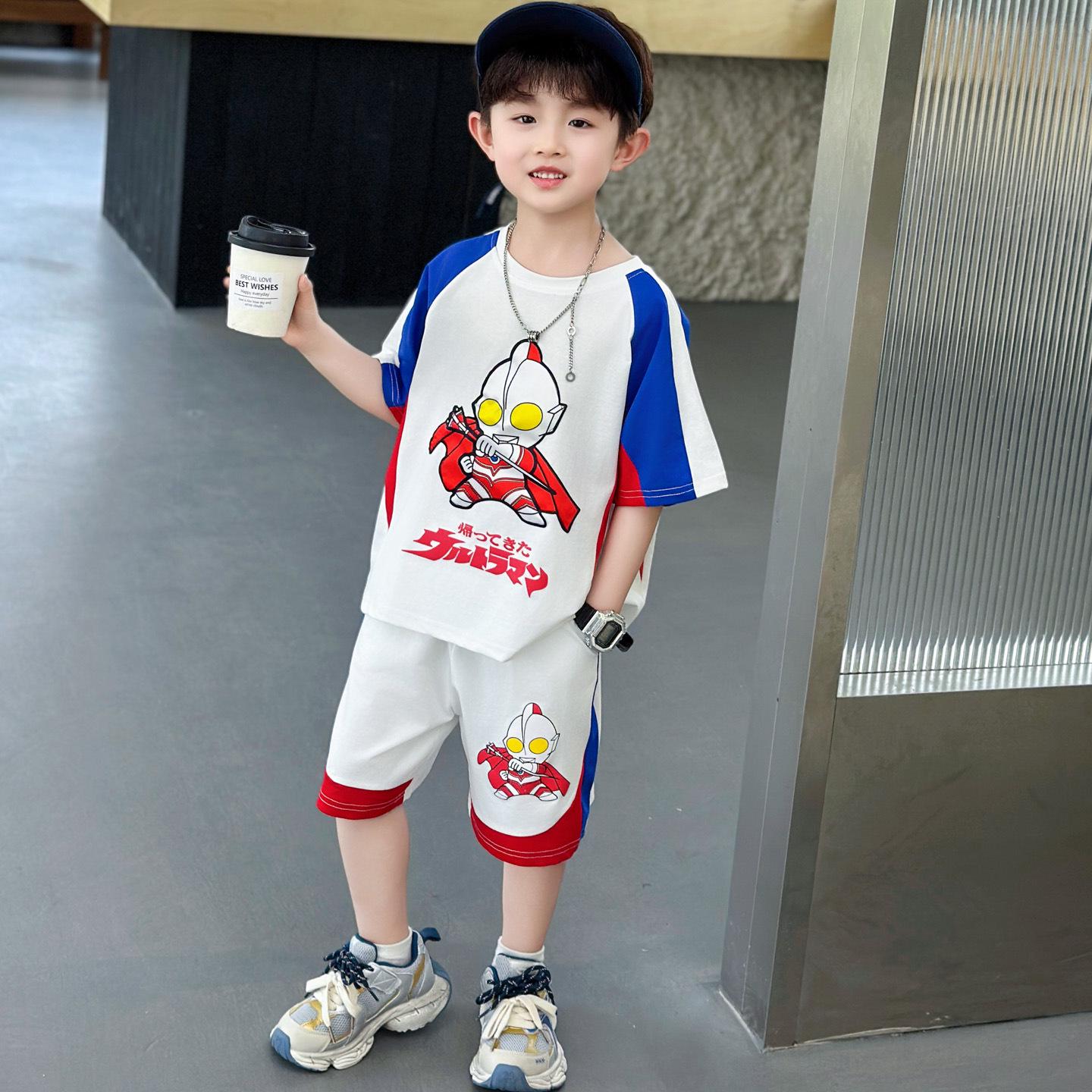 2026 Summer Fashion: Kids  Ultraman Light-Up Color Block Sleeve Two-Piece Set 110cm