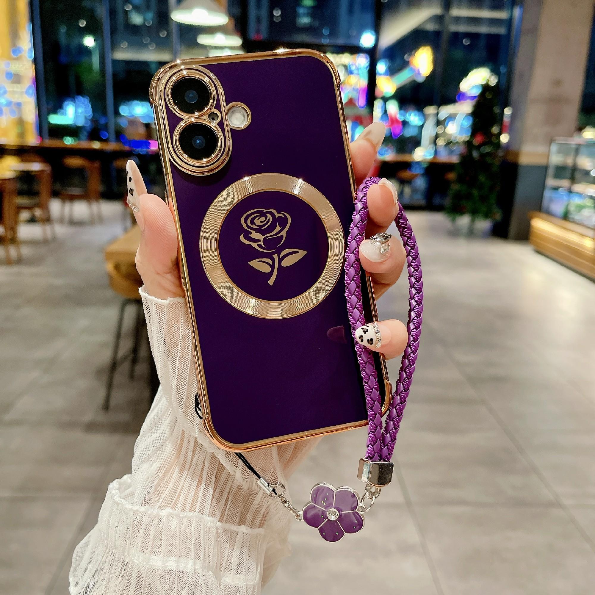 

For iPhone 16 Magnetic Case with Braided Strap Rose Flower Electroplated TPU Phone Cover Dark Purple