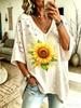 Camiseta casual de mujer con cuello en V, top holgado de manga corta con estampado navideño