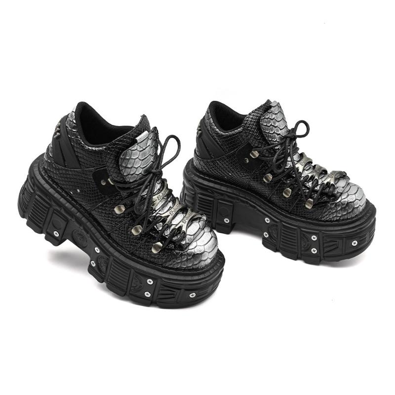 Módní dámské punkové boty na platformě pro dámské šněrovací boty s kulatou špičkou, kovové dekorace, tenké podpatky, tenisky, gotické párty, noční klub, boty