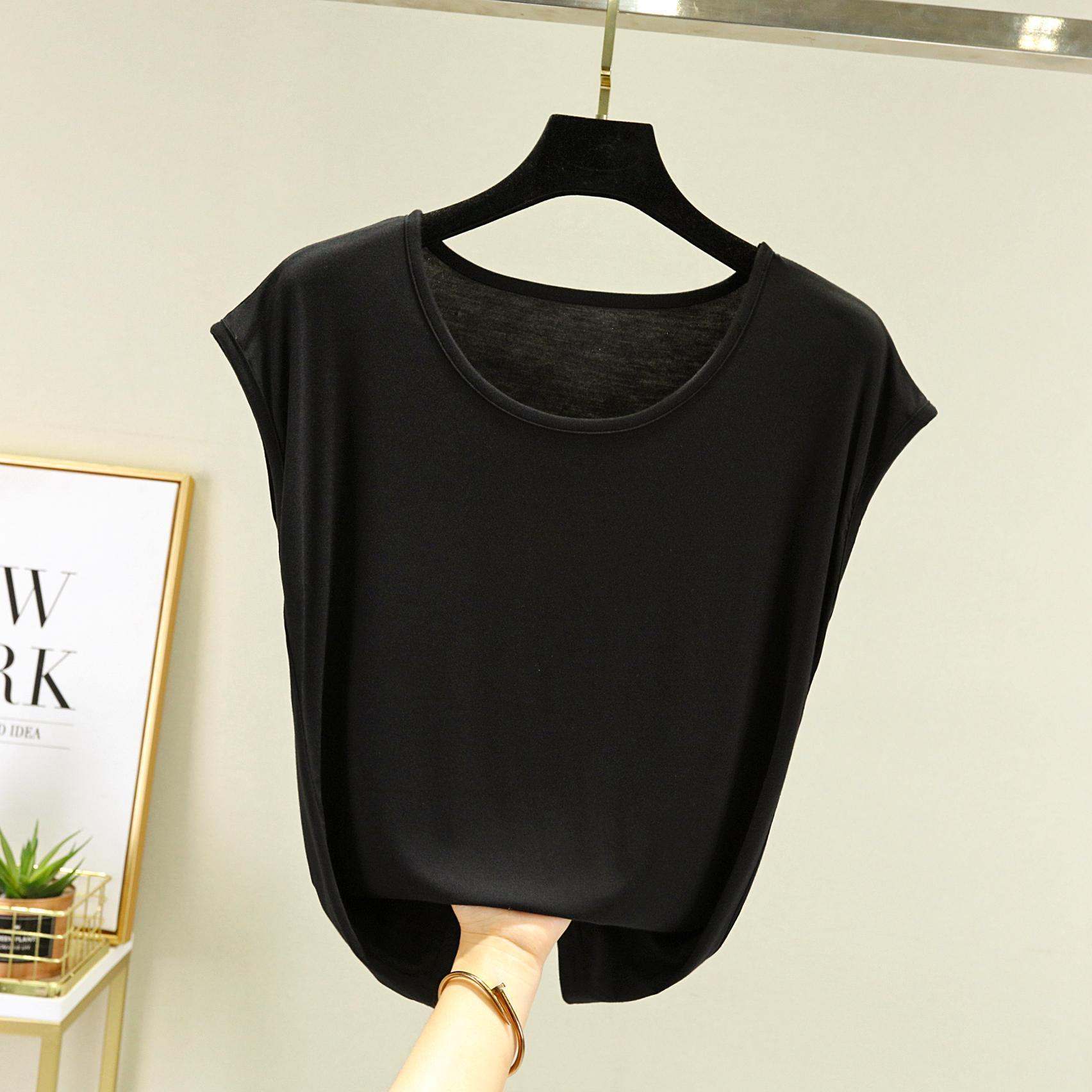 

Модальная футболка без рукавов для женщин, летняя одежда, базовая, с круглым вырезом, свободная, оверсайз, однотонная, облегающий топ, футболки 2XL чёрный