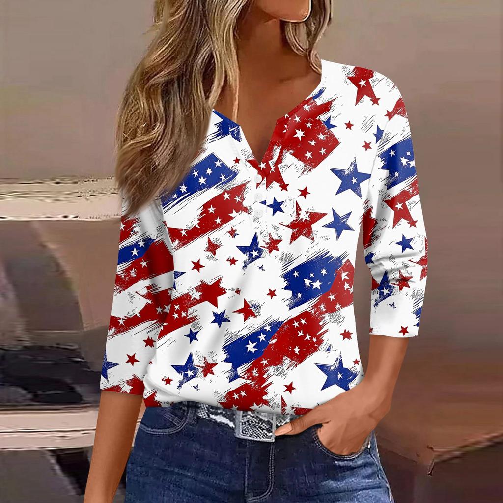 Women's T Shirt Independence Day Print Button 3/4 Sleeve Daily Weekend Fashion Basic V- Neck Regular Top