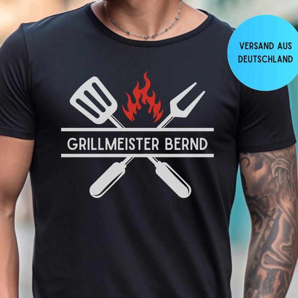 Name Grillmeister Men's T Shirt BBQ Grill Tools Flame Fathers Day for Dad Lovers vintage Washed
