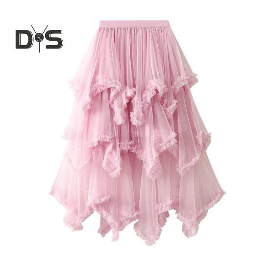 Dámská dortová sukně s polovičním pasem, elastickým pasem, nepravidelným lemem, midi sukně, jednobarevná, síťovaná, kolová, dlouhá sukně, pro každodenní nošení