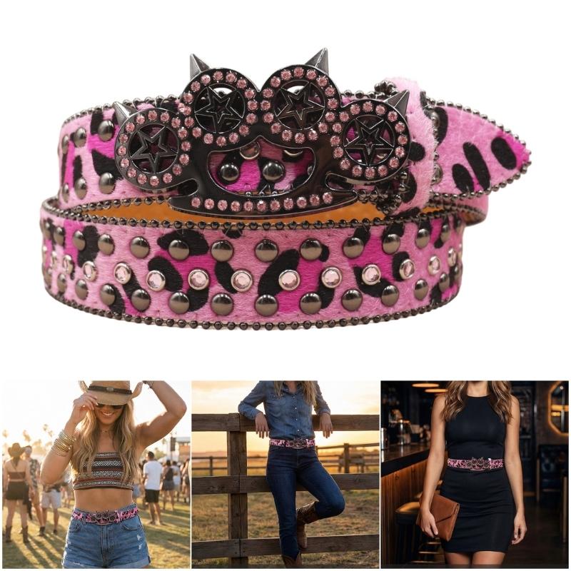 Women's Men's Oversized Belt Leopard Print Rhinestones Embellished Rivets Accent Western Girdle for Hip Hop Event