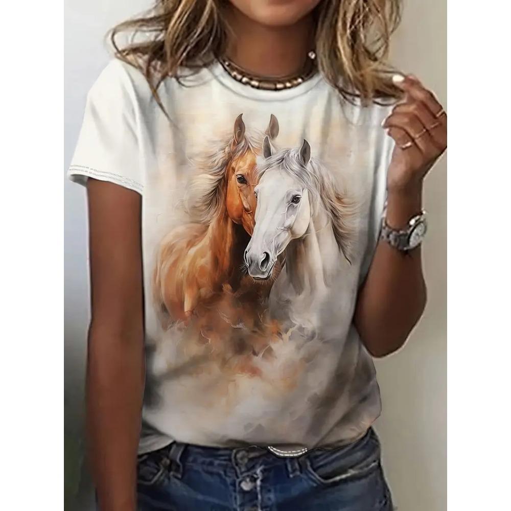 Women's Casual Round Neck T-shirt, Unique Horse Print Summer Short Sleeved Shirt