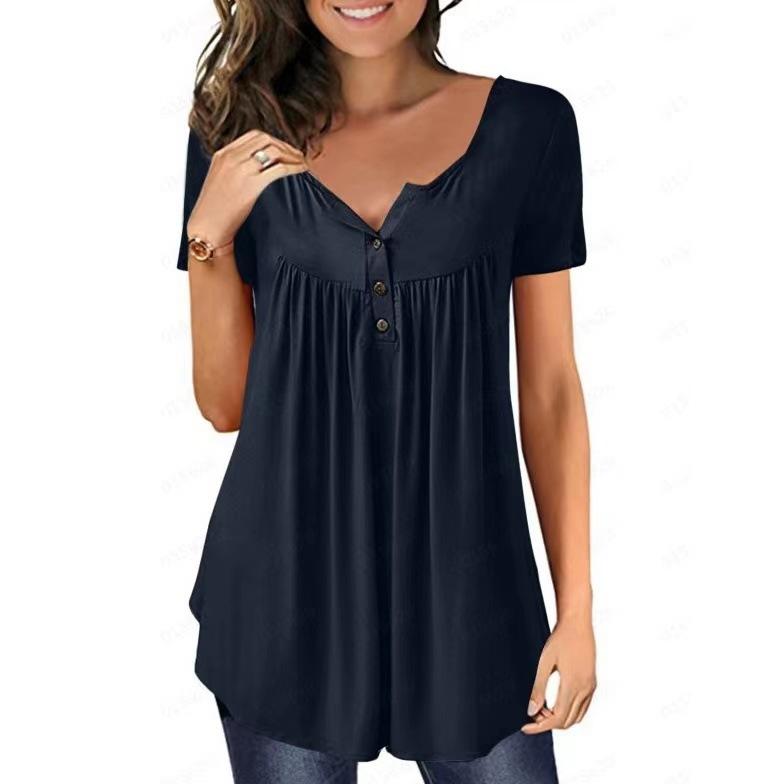 T-shirt d'été pour femme, couleur unie, à boutons, coupe ample, manches courtes