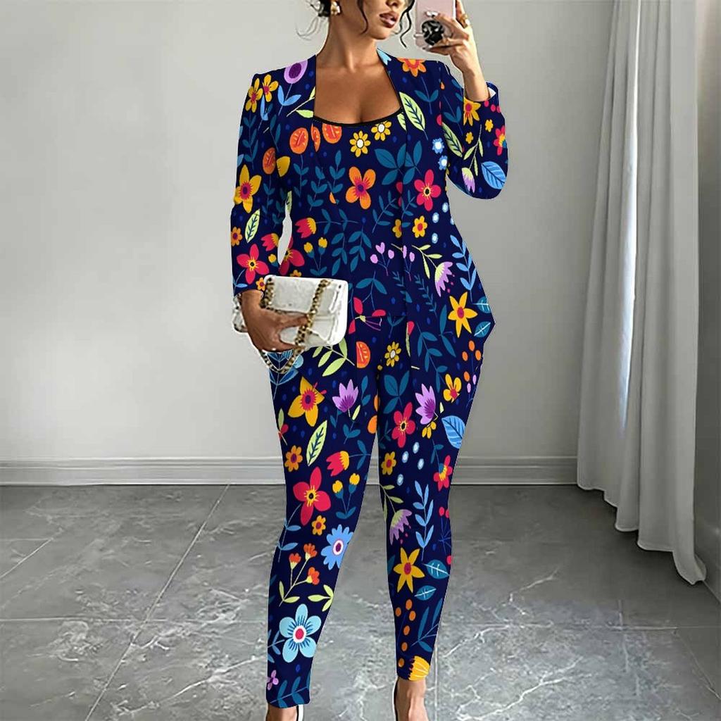 Plus Size Floral Print 3 Piece Outfit, Long Sleeve Open Front Cardigan Cami Top Leggings Set for Women