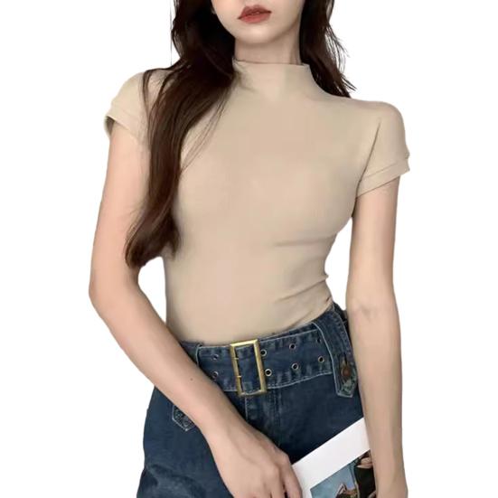 

Женские топы Полувысокий воротник Короткие рукава Приталенная футболка Однотонный Мягкий Эластичный M хаки