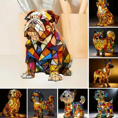 Lampă Câine Vitraliu Alimentată prin USB Lampă de Masă Câine Curcubeu din Rășină Cățeluș Drăguț Lumină de Noapte LED pentru Dormitor Birou Decor Acasă Cadou pentru Câine