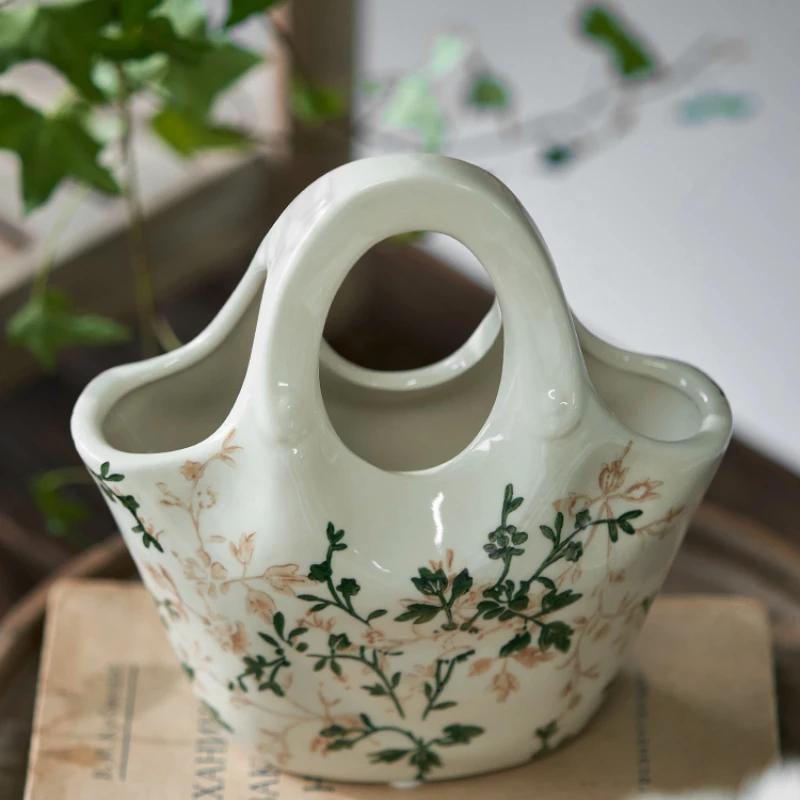 Bag Ceramic Vase Ornaments, Living Room, High Sense, Flower Arrangement, Hydroponics, Creative French Retro Pastoral Style.