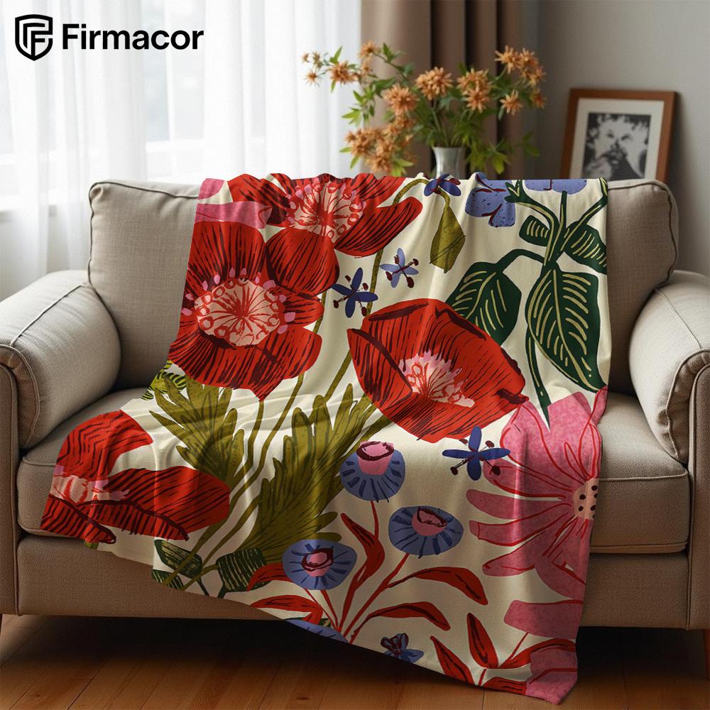 Vintage Floral Illustration Cartoon Anime Print Flannel Blanket Soft Warm Throw for Kids Bedroom Sofa Bed Christmas Office Car