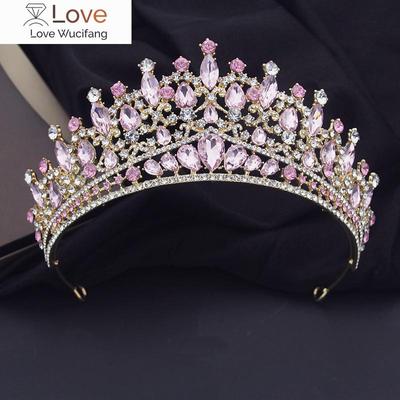 Corona nuziale di cristallo rosa di lusso, tiara da regina reale, fasce per capelli, copricapo da sposa, diadema, gioielli per capelli, accessori per ragazze