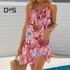 Women Beach Dress Sling Sleeveless Loose Waist Mini Dress Ocean Pattern Summer Vacation Dress Holiday Outfit