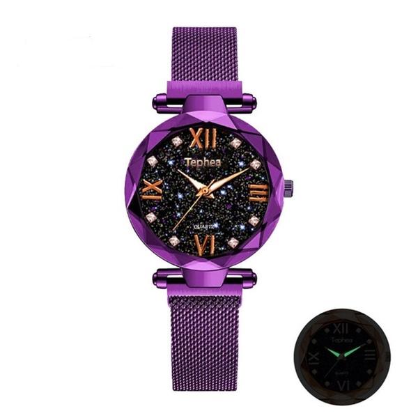 

Роскошные женские кварцевые часы с циферблатом Starry Sky, магнитные наручные часы с бриллиантами, повседневные женские нарядные часы фиолетовый