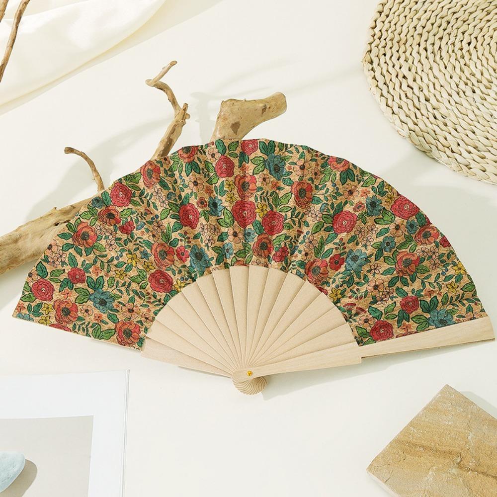 

Portable Bohemian Style Cork Folding Fan Graft Gift Home Decor Hand Held Fan Props Wooden Folding Fan