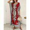 Women's V Neck Short Sleeve Maxi Dress Loose Fit Elastic Waist Bohemian Printed Beach Dress