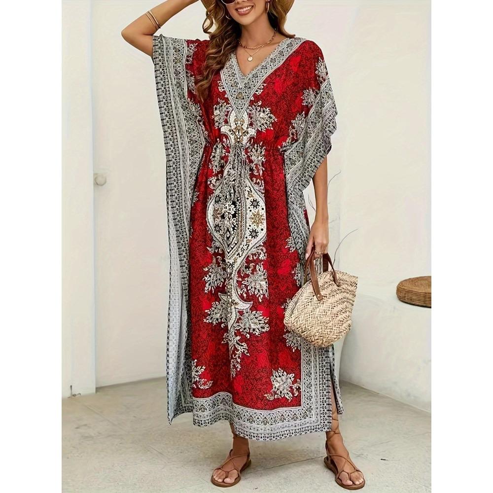 Women's V Neck Short Sleeve Maxi Dress Loose Fit Elastic Waist Bohemian Printed Beach Dress