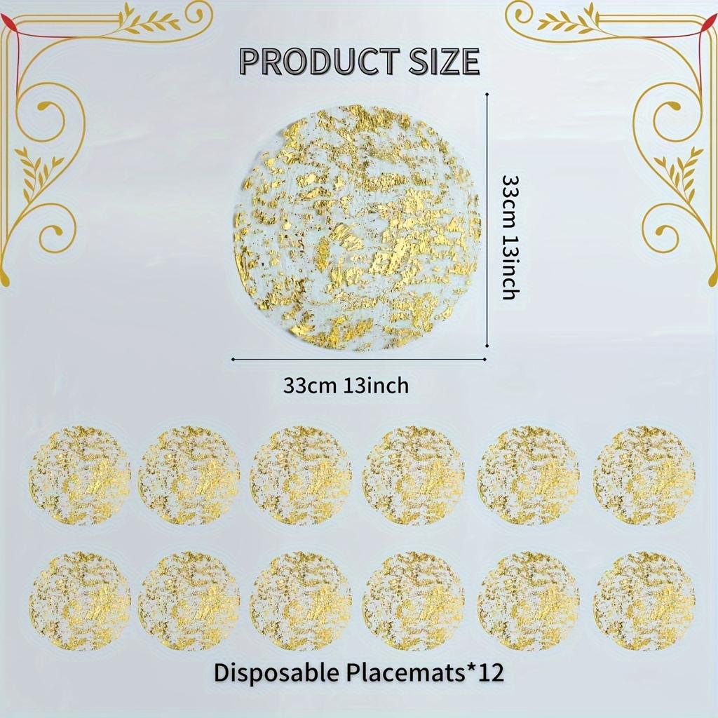 Elegant Golden Disposable Placemats Set of 6 for Dining Table, Wedding, Birthday Parties, Holidays - Round Foil Pressed Autumn Placemats Home Decor