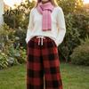 Loose Fit Casual Pants Women Plaid Wide Leg Pants, Drawstring High Waist Thick Coral Fleece Breathable Thermal Lounge Trousers Warm Loungewear,
